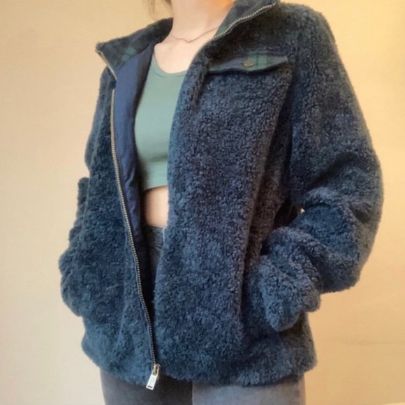 Pendleton Sherpa Fleece Zip Up Jacket Sz Large in Blue Green Faux Fur Plaid Trim - Picture 1 of 12